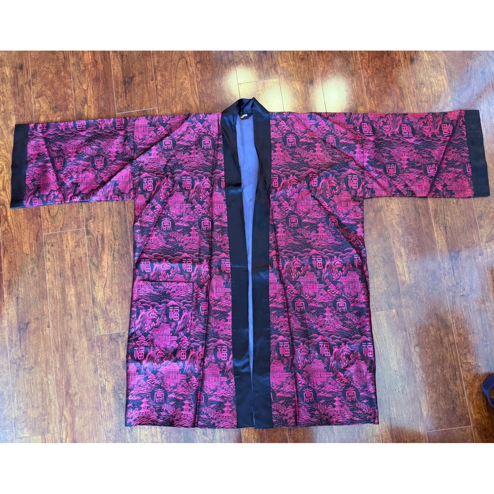 Vintage J. Jolie Japanese Kimono Robe Red Black Halloween Jacquard Large